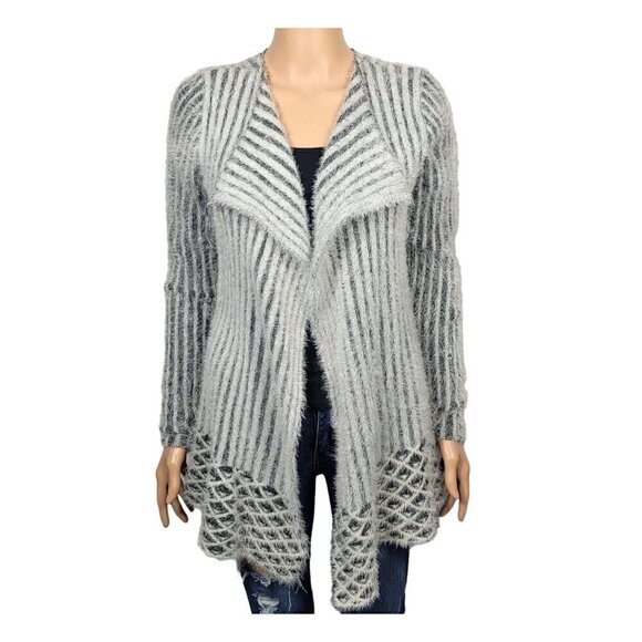 Cato Womens' Open Stretchy and Fuzzy Cardigan in Gray/White Size Small - Picture 1 of 11